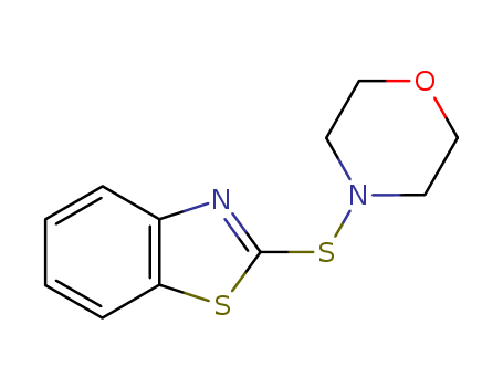 102-77-2,2-(Morpholinothio)benzothiazole,Benzothiazole,2-(morpholinothio)- (6CI,7CI,8CI);Morpholine, 4-(2-benzothiazolylthio)- (9CI);2-(4-Morpholinothio)benzothiazole;2-(4-Morpholinylmercapto)benzothiazole;2-(4-Morpholinylthio)benzothiazole;2-(Morpholinothio)benzothiazole;2-Benzothiazolyl N-morpholino sulfide;2-Benzothiazolylsulfenylmorpholine;4-(2-Benzothiazolylthio)morpholine;Accel NS;Accelerator NS;Amax;Cure-riteOBTS;Delac MOR;MBS;Meramid M;N,N-(Oxydiethylene)benzothiazole-2-sulfenamide;N-Morpholino-2-benzothiazolylsulfenamide;N-Oxydiethyl-2-benzothiazolesulfenamide;N-Oxydiethylene-2-benzothiazolylsulfenamide;NOBS Special;Pilcure MOR;Rhenogran MBS 80;SA-M;Rubber Accelerator NOBS (MBS);2-Benzothiazolyl-N-morpholinosulfide;