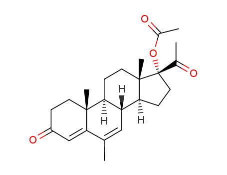 595-33-5,Megestrol acetate,Megace ES;Pregna-4,6-diene-3,20-dione, 17-(acetyloxy)-6-methyl-;Ovarid;Megace;Ovaban (Veterinary);Megeron;6-Methyl-delta4,6-pregnadien-17alpha-ol-3,20-dione acetate;6-Methyl-6-dehydro-17.alpha.-acetoxyprogesterone;Megace (TN);SC 10363;Megestryl acetate;Pregna-4,6-diene-3, 20-dione, 17-hydroxy-6-methyl-, acetate;Pallace;Ovaban;S4;6-Methyl-17-alpha-hydroxy-delta(sup 6)-progesterone acetate;SC-10363;SC10363;Niagestin;Progesterone, 6-dehydro-17-hydroxy-6-methyl-, acetate;6-Methyl-delta(sup 4,6)-pregnadien-17-alpha-ol-3,20-dione acetate;Megestrol acetate [USAN];17alpha-Acetoxy-6-dehydro-6-methylprogesterone;Megestrol acetate (USAN);Megestat;6-Dehydro-6-methyl-17.alpha.-acetoxyprogesterone;17-Hydroxy-6-methylpregna-4,6-diene-3,20-dione acetate;Megestrol acetole [Progestins];6-MethleneProgesterone Acetate;Pregna-4,6-diene-3, 20-dione, 17- (acetyloxy)-6-methyl-;BDH 1298;