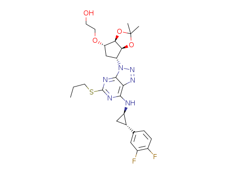 274693-26-4,2-[[(3aS,4R,6S,6aR)-4-[7-[[(1R,2S)-2-(3,4-Difluorophenyl)cyclopropyl]amino]-5-(propylthio)-3H-[1,2,3]triazolo[4,5-d]pyrimidin-3-yl]-2,2-dimethyl-tetrahydro-3aH-cyclopenta[d][1,3]dioxol-6-yl]oxy]ethanol,Isopropylidene Ticagrelor; 2-[[(3As,4R,6S,6Ar)-4-[7-[[(1R,2S)-2-(3,4-Difluorophenyl)Cyclopropyl]Amino]-5-(Propylthio)-3H-[1,2,3]Triazolo[4,5-D]Pyrimidin-3-Yl]-2,2-Dimethyl-Tetrahydro-3Ah-Cyclopenta[D][1,3]Dioxol-6-Yl]Oxy]Ethanol; 2-[[(3aS,4R,6S,6aR)-4-[7-[[(1R,2S)-2-(3,4-Difluoro phenyl)cyclopropyl]amino]-5-(propylthio)-3H-[1,2,3]triazolo[4,5-d]pyrimidin-3-yl]-2,2-dimethyl-tetrahydro-3aH-cyclopenta[d][1,3]dioxol-6-yl]oxy]ethanol; 2-(((3aS,4R,6S,6aR)-6-(7-(((1R,2S)-2-(3,4-difluorophenyl)cyclopropyl)amino)-5-(propylthio)-3H-[1,2,3]triazolo[4,5-d]pyrimidin-3-yl)-2,2-dimethyltetrahydro-3aH-cyclopenta[d][1,3]dioxol-4-yl)oxy)ethanol