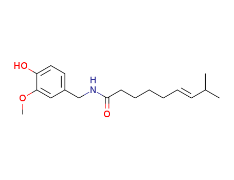 404-86-4,Capsaicin,Styptysat;6-Nonenamide, 8-methyl-N-vanillyl-, (E)- (8CI);8-Methyl-N-vanillyl-6-nonenamide, (E)-;6-Nonenamide, N-[ (4-hydroxy-3-methoxyphenyl)methyl]-8-methyl-, (E)-;trans-8-Methyl-N-vanillyl-6-nonenamide;6-Nonenamide,N-[(4-hydroxy-3-methoxyphenyl) methyl]-8-methyl-,(6E)-;Capsaicin (JAN/USP);N-[(4-hydroxy-3-methoxy-phenyl)methyl]-8-methyl-non-6-enamide;(E)-N-[(4-hydroxy-3-methoxy-phenyl)methyl]-8-methyl-non-6-enamide;(E)-N-((4-Hydroxy-3-methoxyphenyl)-methyl)-8-methyl-6-nonenamide;Zostrix;Capsaicin [USAN];6-Nonenamide, 8-methyl-N-vanillyl-, (E)-;6-Nonenamide, N-((4-hydroxy-3-methoxyphenyl)methyl)-8-methyl-, (6E)-;Prestwick_204;Capsaicin [in oleoresin of capsicum];EPA Pesticide Chemical Code 070701;6-Nonenamide, N-((4-hydroxy-3-methoxyphenyl)methyl)-8-methyl-, (E)-;FEMA No. 3404;Zostrix (TN);Ratden PE 40;N-((4-Hydroxy-3-methoxyphenyl)methyl)-8-methyl-6-nonenamide, (E)-;N-(4-Hydroxy-3-methoxybenzyl)-8-methylnon-trans-6-enamide;(E)-8-Methyl-N-vanillyl-6-nonenamide;