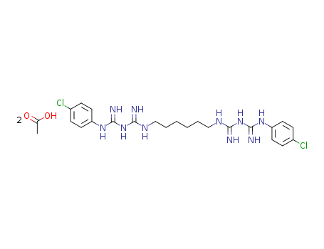 56-95-1,Chlorhexidine Diacetate,Biguanide,1,1'-hexamethylenebis[5-(p-chlorophenyl)-, diacetate (6CI,7CI,8CI);1,6-Bis(p-chlorophenylbiguanido)hexane diacetate;Arlacide A;Bactigras;Chlorasept 2000;Chlorhexidine diacetate;Chlorzoin;Dosisepsine;EC 40;EC 40 (antibacterial);Hibitane diacetate;Chlorhexidine diacetate;NSC 526936;