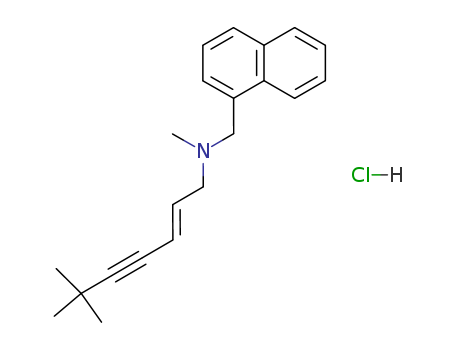 78628-80-5,Terbinafine hydrochloride,Lamisil Krem;Terbinafina [Spanish];Terbinafien HCl;Terbinafine hydrochloride (Lamisil);(E)-N-(6,6-Dimethyl-2-hepten-4-ynyl)-N-methyl-1-naphthalenemethylamine hydrochloride;Terbinafine hydrochloride (JAN);Terbinafinum [Latin];SF 86-327 hydrochloride;(E)-N,6,6-trimethyl-N-(naphthalen-1-ylmethyl)hept-2-en-4-yn-1-amine hydrochloride;Terbinnafine HCL;1-Naphthalenemethanamine, N-(6,6-dimethyl-2-hepten-4-ynyl)-N-methyl-, (E)-, monohydrochloride;Terbinafine HCL(DMF) and its intermediates;Lamisil (TN);Lamisil;N-[(2E)-6,6-dimethyl-2-Hepten-4-yl]-N-methyl-1-naphthalenemethylamine hydrochloride;