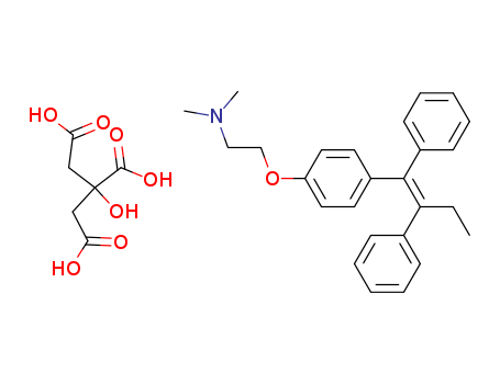 54965-24-1,Tamoxifen citrate,Farmifeno;Oncomox;Tamoxifen citrate (JAN/USP);Tafoxen;Kessar;Tamoxasta;Tamoxifenum [INN-Latin];Nolvadex (TN);Soltamox;Noxitem;Oncotam;Ethanamine, 2-(4-(1,2-diphenyl-1-butenyl)phenoxy)-N,N-dimethyl, (Z)-, 2-hydroxy-1,2,3-propanetricarboxylate (1:1);Crisafeno;Nourytan;Tamoplex;Tamofen;ICI 46474;Tamax;Tamoxifene [INN-French];Tamoxen;Nolvadex;Ethanamine,2-[4-[(1Z)-1,2-diphenyl-1- butenyl]phenoxy]-N,N-dimethyl-,2-hydroxy- 1,2,3-propanetricarboxylate (1:1);2-[4-(1,2-diphenylbut-1-enyl)phenoxy]-N,N-dimethyl-ethanamine; 2-hydroxypropane-1,2,3-tricarboxylic acid;Valodex;Ethanamine, 2-[4- (1,2-diphenyl-1-butenyl)phenoxy]-N,N-dimethyl-, (Z)-, 2-hydroxy-1,2,3-propane-tricarboxylate (1:1);