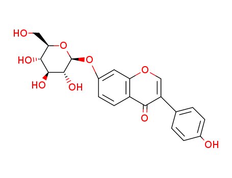 552-66-9,Daidzin,7-(beta-D-Glucopyranosyloxy)-3-(4-hydroxyphenyl)-4H-1-benzopyran-4-one;Daidzein 7-glucoside;7-(beta-D-glucopyranosyloxy)-3-(4-hydroxyphenyl)-4H-chromen-4-one;4H-1-Benzopyran-4-one,7-(a-Dglucopyranosyloxy)- 3-(4-hydroxyphenyl)-;Daidzoside;daidzein 7-O-beta-D-glucoside;Daidzein 7-O-glucoside;3-(4-hydroxyphenyl)-7-[(2S,3R,4S,5R,6R)-3,4,5-trihydroxy-6-(hydroxymethyl)oxan-2-yl]oxy-chromen-4-one;4H-1-Benzopyran-4-one, 7-(beta-D-glucopyranosyloxy)-3-(4-hydroxyphenyl)-;