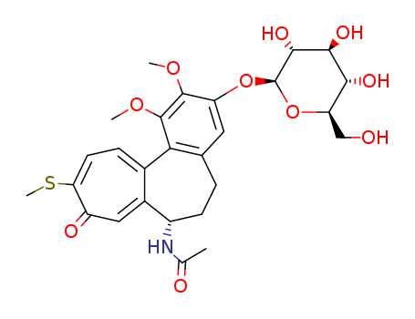 602-41-5,THIOCOLCHICOSIDE,Acetamide,N-[3-(b-D-glucopyranosyloxy)-5,6,7,9-tetrahydro-1,2-dimethoxy-10-(methylthio)-9-oxobenzo[a]heptalen-7-yl]-,(S)-; Colchicoside, 10-thio- (8CI); Colchicoside, thio- (6CI,7CI);Benzo[a]heptalene, acetamide deriv.; 2-Demethoxy-2-glucosidoxythiocolchicine;Coltramyl; Coltrax; Miorel; Miotens; Muscoril; NSC 147755; R 271;Thiocolchicoside
