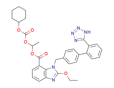 145040-37-5,Candesartan cilexetil,1H-Benzimidazolium, 7-carboxy-1-(2-((cyclohexylcarbonyl)oxy)ethyl)-2-ethoxy-1-(2-(1H-tetrazol-5-yl)(1,1-biphenyl)-4-yl)-, hydroxide, inner salt, (+-)-;TCV-116;Atacand;Atacand (TN);1-cyclohexyloxycarbonyloxyethyl 2-ethoxy-3-[[4-[2-(2H-tetrazol-5-yl)phenyl]phenyl]methyl]benzoimidazole-4-carboxylate;TCV 116;Candesartancilexetil;