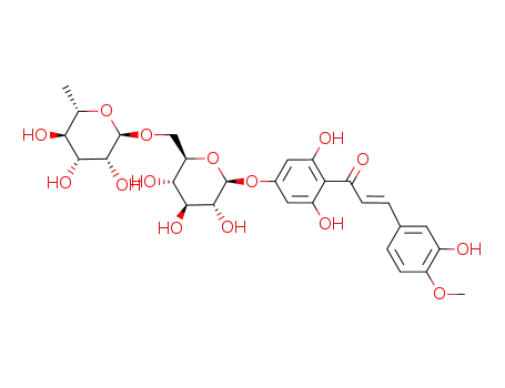 Molecular Structure of 50376-44-8 (2-Propen-1-one,1-[4-[[6-O-(6-deoxy-a-L-mannopyranosyl)-b-D-glucopyranosyl]oxy]-2,6-dihydroxyphenyl]-3-(3-hydroxy-4-methoxyphenyl)-,(2E)-)