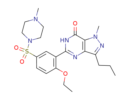 139755-83-2,Sildenafil,4-[2-ethoxy-5-(4-methylpiperazin-1-yl)sulfonyl-phenyl]-9-methyl-7-propyl-3,5,8,9-tetrazabicyclo[4.3.0]nona-3,7,10-trien-2-one;Piperazine,1-[[3-(4,7-dihydro-1-methyl-7- oxo-3-propyl-1H-pyrazolo[4,3-d]pyrimidin- 5-yl)-4-ethoxyphenyl]sulfonyl]-4-methyl-;Serum Albumin Iodine;Sildenafil Mesylate;Hongdenafil (Acetildenafil);