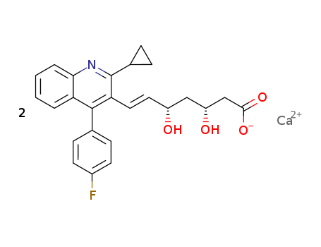 147526-32-7,Pitavastatin calcium,Bis((3R,5S,6E)-7-(2-cyclopropyl-4-(4-fluorophenyl)-3-quinolyl)-3,5-dihydroxy-6-heptenoate), monocalcium salt;6-Heptenoic acid, 7-(2-cyclopropyl-4-(4-fluorophenyl)-3-quinolinyl)-3,5-dihydroxy-, calcium salt (2:1), (S-(R*,S*-(E)))-;Pitavastatin hemicalcium;UNII-IYD54XEG3W;Livalo;CCRIS 8652;