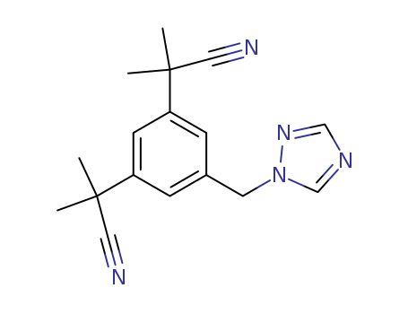 120511-73-1,Anastrozole,10-Methoxy-5H-dibenz[b,f]azepine-5-carbonylchloride;1,3-Benzenediacetonitrile,a,a,a',a'-tetramethyl-5-(1H-1,2,4-triazol-1-ylmethyl)- (9CI);2,2'-[5-(1H-1,2,4-triazol-1-ylmethyl)-1,3-phenylene]di(2-methylpropionitrile);2-[3-(2-Cyano-2-propyl)-5-(1,2,4-triazol-1-ylmethyl)phenyl]-2-methylpropiononitrile;Asiolex;Anastrol;Tetramethyl-5-(1H-1,2,4-triazol-1ylmethyl) 1,3-benzenediacetionitrile;