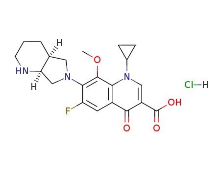 186826-86-8,Moxifloxacin hydrochloride,Moxifloxacin HCl;3-Quinolinecarboxylicacid,1-cyclopropyl-6-fluoro-1,4-dihydro-8-methoxy-7-[(4aS,7aS)-octahydro-6H-pyrrolo[3,4-b]pyridin-6-yl]-4-oxo-,hydrochloride (1:1);3-Quinolinecarboxylic acid,1-cyclopropyl-6-fluoro-1,4-dihydro-8-methoxy-7-[(4aS,7aS)-octahydro-6H-pyrrolo[3,4-b]pyridin-6-yl]-4-oxo-,monohydrochloride (9CI);Actira;Avalox;Avelox;BAY 12-8039;Lapinix;Octegra;