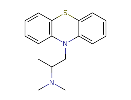 60-87-7,PROMETHAZINE,Phenothiazine,10-[2-(dimethylamino)propyl]- (8CI);(2-Dimethylamino-2-methyl)ethyl-N-dibenzoparathiazine; (?à)-Promethazine;10-[2-(Dimethylamino)propyl]phenothiazine; Dimapp; Diphergan; NSC 30321;Proazamine; Procit; Prometazin; Promethazine; Protazine; Prothazin; RP 3277;Vallergine