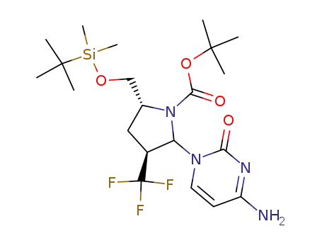 Molecular Structure of 496848-38-5 (1-Pyrrolidinecarboxylic acid,
2-(4-amino-2-oxo-1(2H)-pyrimidinyl)-5-[[[(1,1-dimethylethyl)dimethylsilyl]
oxy]methyl]-3-(trifluoromethyl)-, 1,1-dimethylethyl ester, (3S,5R)-)