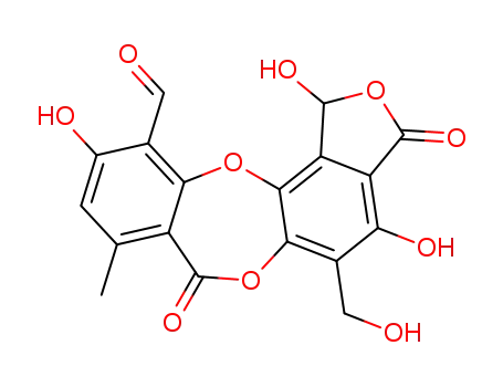 Molecular Structure of 521-39-1 (1,3-dihydro-1,4,10-trihydroxy-5-(hydroxymethyl)-8-methyl-3,7-dioxo-7H-isobenzofuro[4,5-b][1,4]benzodioxepin-11-carbaldehyde)
