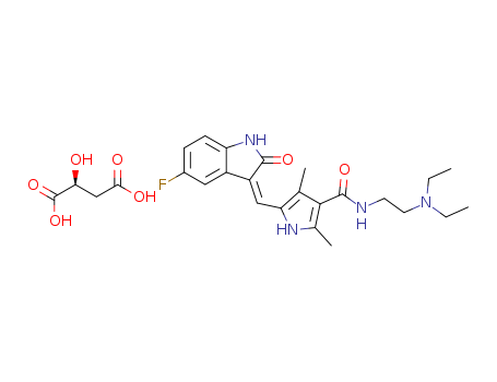 341031-54-7,Sunitinib malate,N-(2-diethylaminoethyl)-5-[(Z)-(5-fluoro-2-oxo-1H-indol-3-ylidene)methyl]-2,4-dimethyl-1H-pyrrole-3-carboxamide; (2S)-2-hydroxybutanedioic acid;Butanedioic acid, hydroxy-, (2S)-, compd. with N-(2-(diethylamino)ethyl)-5-((Z)-(5-fluoro-1,2-dihydro-2-oxo-3H-indol-3-ylidene)methyl)-2,4-dimethyl-1H-pyrrole-3-carboxamide (1:1);PHA-290940AD;1H-Pyrrole-3-carboxamide, N-(2-(diethylamino)ethyl)-5-((Z)-(5-fluoro-1,2-dihydro-2-oxo-3H-indol-3-ylidene)methyl)-2,4-dimethyl-, (2S)-hydroxybutanedioate (1:1);Sunitinib malate [USAN];SU011248 L-malate salt;SU010398;SU 011248;Sunitinib malate(TINIBS);