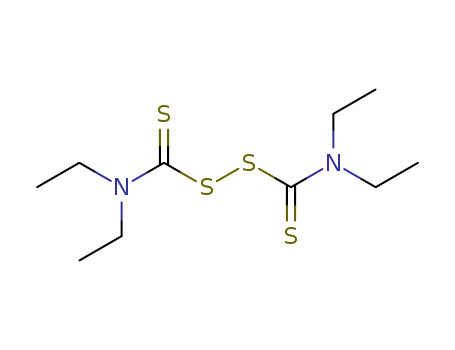 97-77-8,Disulfiram,NCI-C02959;Antiaethan;155-01-1;Contralin;Bis(N,N-diethylthiocarbamoyl) disulfide;Aversan;Thiuram disulfide, tetraethyl-;Averzan;Tiuram;Antaetil;anti-Ethyl;Dupon 4472;Thiuram E;Ekagom DTET;Bis((diethylamino)thioxomethyl) disulfide;tetraethylthiuram disulphide;Anthethyl;tetraethylthioperoxydicarbonic diamide;Ethyldithiourame;Soxinol TET;Tetraetil;Refusal [Netherlands];Abstensil;Bis((diethylamino)thioxomethyl)disulphide;Ethyl thiurad;Antethyl;Tetraethylthiuram;N,N,N,N-Tetraethylthiuram disulphide;Tetraethylthiuran disulfide;Disulfiram [BAN:INN:JAN];Disulfiram (JP14/USP);Ethyl Thiudad;Exhorran;Antetan;N,N,N,N-tetraethylthiuram disulfide;