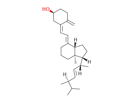 50-14-6,Vitamin D2,9,10-Secoergosta-5,7,10(19),22-tetraen-3-ol,(3b,5Z,7E,22E)- (9CI);Cyclohexanol,4-methylene-3-[2-[tetrahydro-7a-methyl-1-(1,4,5-trimethyl-2-hexenyl)-4(3aH)-indanylidene]ethylidene]-(6CI);Ergocalciferol (7CI,8CI);(+)-Vitamin D2;9,10-Secoergosta-5,7,10(19),22-tetraen-3b-ol;Cyclohexanol,4-methylene-3-[(2E)-2-[(1R,3aS,7aR)-octahydro-7a-methyl-1-[(1R,2E,4R)-1,4,5-trimethyl-2-hexen-1-yl]-4H-inden-4-ylidene]ethylidene]-,(1S,3Z)-;Calciferol;Condocaps;Condol;Crystallina;D-Arthin;D-Tracetten;Davitin;Decaps;Dee-Ron;Dee-Ronal;Deltalin;Deratol;Diviturto;Drisdol;Ergorone;Ertron;Fortodyl;Geltabs;Hi-Deratol;Infron;Metadee;Mina D2;Mulsiferol;Mykostin;NSC 62792;Osteil;Ostelin;Radiostol;Radsterin;Rodine C;Shock-ferol;Sterogyl;Uvesterol D;