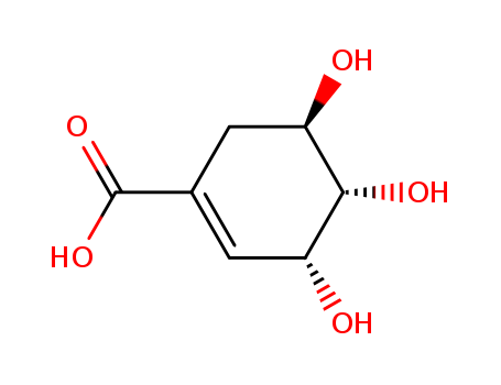 138-59-0,Shikimic acid,Bracken fern toxic component;3alpha,4alpha,5beta-Trihydroxy-1-cyclohexene-1-carboxylic acid;L-Shikimic acid;3,4, 5-Trihydroxy-1-cyclohexene-1-carboxylic acid;(-)-Shikimic acid;3,4,5-trihydroxycyclohexene-1-carboxylic acid;1-Cyclohexene-1-carboxylic acid, 3,4,5-trihydroxy-, (3R-(3alpha,4alpha,5beta))- (9CI);3,4,5-Trihydroxy-1-cyclohexene-1-carboxylic acid;