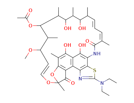 113102-19-5,Rifamexil,RifamycinP, 2'-(diethylamino)-;9,4-(Epoxypentadeca[1,11,13]trienimino)furo[2',3':7,8]naphtho[1,2-d]thiazole,rifamycin P deriv.; 9,4-(Epoxypentadeca[1,11,13]trienimino)furo[2',3':7,8]naphtho[1,2-d]thiazole-10,26(9H)-dione,16-(acetyloxy)-2-(diethylamino)-5,6,18,20-tetrahydroxy-14-methoxy-7,9,15,17,19,21,25-heptamethyl-,[9S-(9R*,12E,14R*,15S*,16R*,17S*,18S*,19S*,20R*,21R*,22E,24Z)]-; MDL 62769;Rifamexil