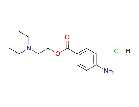 51-05-8,Procaine hydrochloride,Benzoicacid, 4-amino-, 2-(diethylamino)ethyl ester, monohydrochloride (9CI);Allocaine;Anadolor;Anesthesol;Atoxicocaine;Cetain;Diethylaminoethanol 4-aminobenzoate hydrochloride;Ethocain;Ethocaine;Geriocaine;Gerovital H3;Irocaine;Isocain;Jenacaine;Kerocaine;Medaject;Naucain;Naucaine;Procaine hydrochloride;