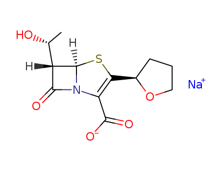 122547-49-3,Faropenem sodium,4-Thia-1-azabicyclo[3.2.0]hept-2-ene-2-carboxylicacid, 6-(1-hydroxyethyl)-7-oxo-3-(tetrahydro-2-furanyl)-, monosodium salt,[5R-[3(R*),5a,6a(R*)]]-;4-Thia-1-azabicyclo[3.2.0]hept-2-ene-2-carboxylic acid,6-[(1R)-1-hydroxyethyl]-7-oxo-3-[(2R)-tetrahydro-2-furanyl]-, monosodium salt,(5R,6S)- (9CI);(5R,6S)-6-[(1R)-1-Hydroxyethyl]-7-oxo-3-[(2R)-2-tetrahydrofuryl]-4-thia-1-azabicyclo[3.2.0]hept-2-ene-2-carboxylicacid sodium salt;ALP 201;Farom;Fropenem;Furopenem;SY 5555;Wy 49605;Sun 5555;