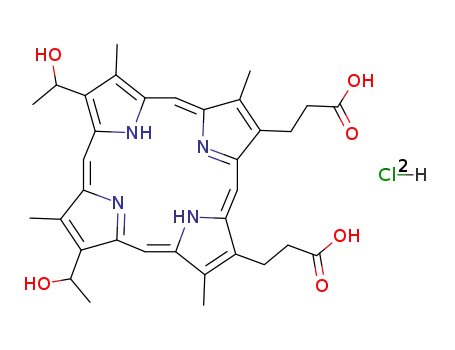 21H,23H-Porphine-2,18-dipropanoicacid, 7,12-bis(1-hydroxyethyl)-3,8,13,17-tetramethyl-, hydrochloride (1:2)