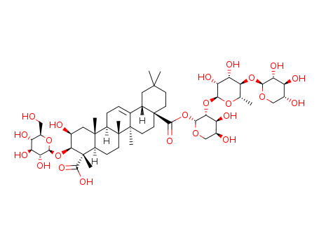 Molecular Structure of 107195-79-9 (Olean-12-ene-23,28-dioicacid, 3-(b-D-glucopyranosyloxy)-2-hydroxy-,28-(O-b-D-xylopyranosyl-(1®4)-O-6-deoxy-a-L-mannopyranosyl-(1®2)-b-L-arabinopyranosyl) ester, (2b,3b,4a)- (9CI))