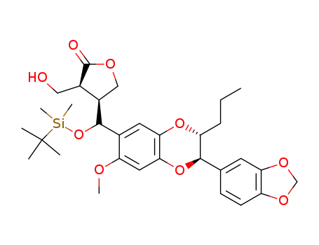 (+/-)-(3R*,4R*)-4-<(1'R*/S*)-1-<(2''R*,3''R*)/(2''S*,3''S*)-2''-Propyl-6-methoxy-3''-(3,4-methylenedioxyphenyl)-1,4-benzodioxan-7-yl>-1'-<(tert-butyldimethylsilyl)oxy>methyl>-3-hydroxymethyldihydro-2(3H)-furanone