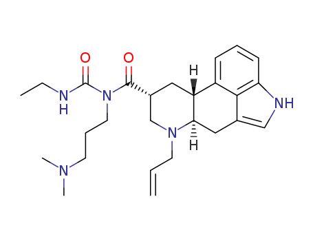 81409-90-7,Cabergoline,Ergoline-8-carboxamide,N-[3-(dimethylamino)propyl]-N-[(ethylamino)carbonyl]-6-(2-propenyl)-, (8b)- (9CI);Cabaser;Cabaseril;1-((6-Allylergolin-8beta-yl)carbonyl)-1-(3-(dimethylamino)propyl)-3-ethylurea;Ergoline-8beta-carboxamide, N-(3-(dimethylamino)propyl)-N-((ethylamino)carbonyl)-6-(2-propenyl)-;