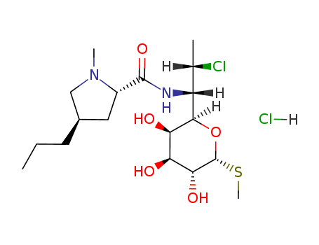 21462-39-5,Clindamycin hydrochloride,7(S)-Chloro-7-deoxylincomycin hyddrochloride;L-threo-a-D-galacto-Octopyranoside, methyl7-chloro-6,7,8-trideoxy-6-[[[(2S,4R)-1-methyl-4-propyl-2-pyrrolidinyl]carbonyl]amino]-1-thio-,hydrochloride (1:1);7-Chloro-7-deoxylincomycin hydrochloride;Antirobe vet.;
