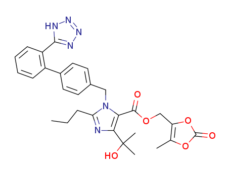 144689-63-4,Olmesartan medoxomil,Olmetec (TN);Cs 866;Benicar (TN);Benicar;Olmetec;1H-Imidazole-5-carboxylic acid,4-(1-hydroxy-1-methylethyl)-2-propyl- 1-[[2'-(1H-tetrazol-5-yl)[1,1'-biphenyl]-4-yl]- methyl]-,(5-methyl-2-oxo-1,3-dioxol-4-yl)- methyl ester;(5-methyl-2-oxo-1,3-dioxol-4-yl)methyl 5-(2-hydroxypropan-2-yl)-2-propyl-3-[[4-[2-(2H-tetrazol-5-yl)phenyl]phenyl]methyl]imidazole-4-carboxylate;4-(1-hydroxy-1-methylethyl)-2-propyl-1-((2'-(1H-tetrazol-5-yl)(1,1'-biphenyl)-4-yl)methyl-1H-Imidazole-5-carboxylic acid, (5-methyl -2-oxo-1,3-dioxol-4-yl;Olmesartan(144689-63-4);1H-Imidazole-5-carboxylic acid;