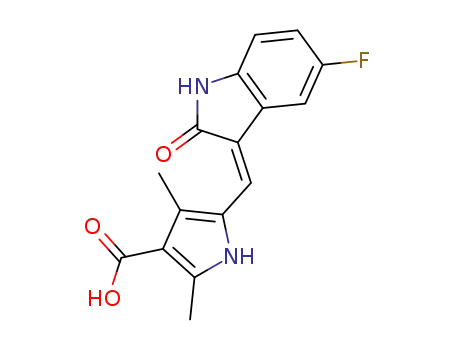 Molecular Structure of 356068-93-4 (5-((Z)-(5-Fluoro-2-oxoindolin-3-ylidene)methyl)-2,4-dimethyl-1H-pyrrole-3-carboxylic acid)