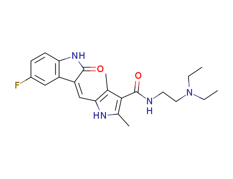 557795-19-4,Sunitinib,SU-11248;Sunitinib base;N-(2-(Diethylamino)ethyl)-5-((Z)-(5-fluoro-1,2-dihydro-2-oxo-3H-indol-3-ylidene)methyl)-2,4-dimethyl-1H-pyrrole-3-carboxamide;N-(2-diethylaminoethyl)-5-[(Z)-(5-fluoro-2-oxo-1H-indol-3-ylidene)methyl]-2,4-dimethyl-1H-pyrrole-3-carboxamide;1H-Pyrrole-3-carboxamide, N-(2-(diethylamino)ethyl)-5-((Z)-(5-fluoro-1,2-dihydro-2-oxo-3H-indol-3-ylidene)methyl)-2,4-dimethyl-;(Z)-N-(2-(diethylamino)ethyl)-5-((5-fluoro-2-oxoindolin-3-ylidene)methyl)-2,4-dimethyl-1H-pyrrole-3-carboxamide;1H-Pyrrole-3-carboxamide, N-[2-(diethylamino)ethyl]-5-[(Z)-(5-fluoro-1,2-dihydro-2-oxo-3H-indol-3-ylidene)methyl]-2,4-dimethyl-;
