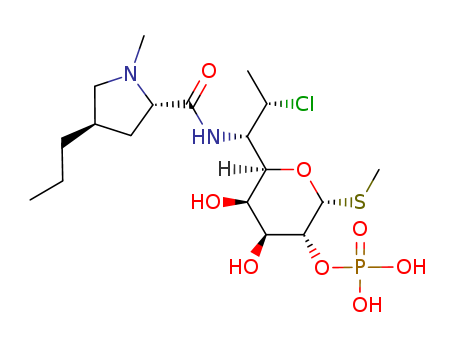 24729-96-2,Clindamycin phosphate,U 28508;Dalacin-S;Cleocin phosphate;Dalacin T;Cleocin T (TN);L-threo-R-D-galacto-Octopyranoside,methyl 7-chloro-6,7,8-trideoxy-6-[[[(2S,4R)-1- methyl-4-propyl-2-pyrrolidinyl]carbonyl]- amino]-1-thio-,2-(dihydrogen phosphate);Dalacin P;[6-[2-chloro-1-[(1-methyl-4-propyl-pyrrolidine-2-carbonyl)amino]propyl]-4,5-dihydroxy-2-methylsulfanyl-oxan-3-yl]oxyphosphonic acid;Cleocin T;Clindamycin 2-phosphate;