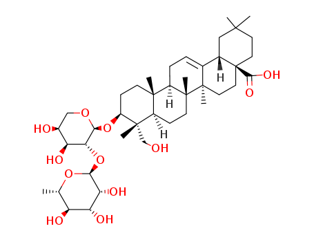 27013-91-8,alpha-Hederin,(+)-Dipsacobioside;Akebia saponin PD;Akeboside Stc;Cephalaroside C;Dipsacobioside;Glycoside L-E1;Hederoside C;Helixin;Kalopanaxsaponin A;Kizuta saponin K6;Koronaroside A;NSC 106553;Nepalin 2;Prosapogenin CP3b;Pulsatilla saponin A;Sapindoside A;Tauroside E;α-Hederin;