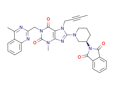 Molecular Structure of 886588-63-2 (1H-Purine-2,6-dione, 7-(2-butyn-1-yl)-8-[(3R)-3-(1,3-dihydro-1,3-dioxo-2H-isoindol-2-yl)-1-piperidinyl]-3,7-dihydro-3-methyl-1-[(4-methyl-2-quinazolinyl)methyl]-)