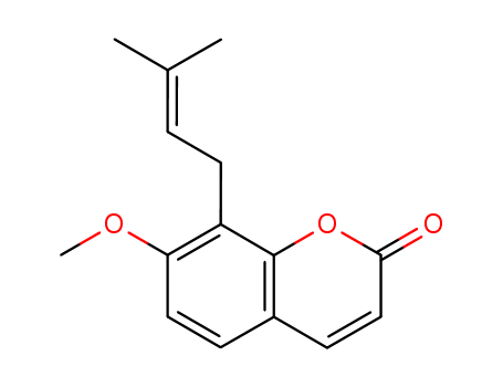484-12-8,Osthole,8-(3-Methyl-2-butenyl)herniarin;2H-1-Benzopyran-2-one, 7-methoxy-8-(3-methyl-2-butenyl)-;7-Methoxy-8-isopentenylcoumarin;7-methoxy-8-(3-methylbut-2-enyl)chromen-2-one;Coumarin, 7-methoxy-8- (3-methyl-2-butenyl)-;2H-1-Benzopyran-2-one,7-methoxy-8-(3- methyl-2-butenyl)-;Ostol;Coumarin, 7-methoxy-8-(3-methyl-2-butenyl)-;Cnidium monnieri P.E.- Osthole;Common Cnidium Fruit P. E.;Fructus Cnidii;