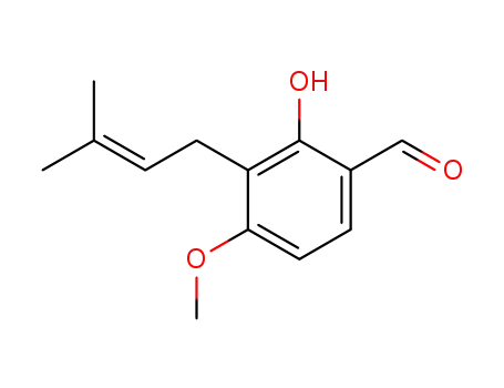 Molecular Structure of 37761-53-8 (Benzaldehyde, 2-hydroxy-4-methoxy-3-(3-methyl-2-butenyl)-)