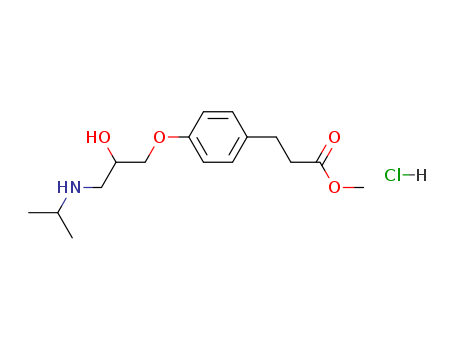 81161-17-3,Esmolol hydrochloride,Benzenepropanoic acid, 4-[2-hydroxy-3-[(1-methylethyl)amino]propoxy]-, methyl ester, hydrochloride (9CI);Brevibloc;Esmolol hydrochloride [USAN];(+-)-Methyl p-(2-hydroxy-3-(isopropylamino)propoxy)hydrocinnamate hydrochloride;4-(2-Hydroxy-3-((1-methylethyl)amino)propoxy)benzenepropanoic acid methyl ester HCl;Benzenepropanoic acid, 4-(2-hydroxy-3-((1-methylethyl)amino)propoxy)-, methyl ester, hydrochloride, (+-)-;Brevibloc in plastic container;Esmolol HCl;Benzenepropanoic acid, 4-(2-hydroxy-3-((1-methylethyl)amino)propoxy)-, methyl ester, hydrochloride;