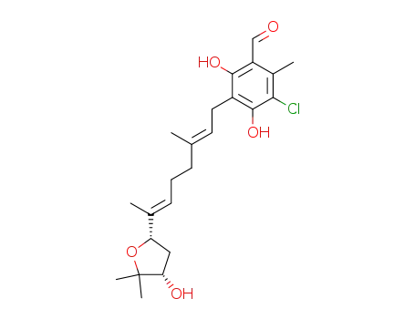 Molecular Structure of 51759-79-6 ((-)-3-Chloro-4,6-dihydroxy-2-methyl-5-[(2E,6E)-3-methyl-7-[(2S,4S)-tetrahydro-4-hydroxy-5,5-dimethylfuran-2-yl]-2,6-octadienyl]benzaldehyde)