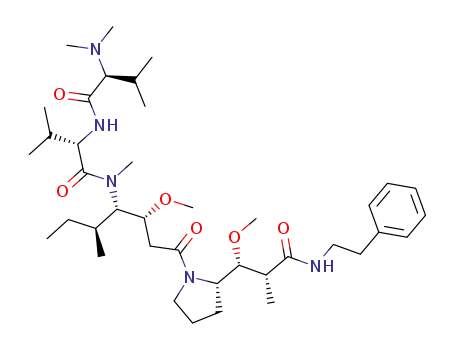Molecular Structure of 149606-27-9 ((2S)-2-[[(2S)-2-dimethylamino-3-methyl-butanoyl]amino]-N-[(3R,4S,5S)-3 -methoxy-1-[(3R)-3-[(1R,2R)-1-methoxy-2-(phenethylcarbamoyl)propyl]pyr rolidin-1-yl]-5-methyl-1-oxo-heptan-4-yl]-N,3-dimethyl-butanamide)