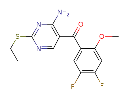 Molecular Structure of 741713-33-7 (Methanone,
[4-amino-2-(ethylthio)-5-pyrimidinyl](4,5-difluoro-2-methoxyphenyl)-)