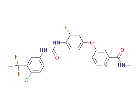 755037-03-7,Regorafenib,4-[4-[[4-chloro-3-(trifluoromethyl)phenyl]carbamoylamino]-3-fluorophenoxy]-N-methylpyridine-2-carboxamide;4-(4-(3-(4-Chloro-3-(trifluoromethyl)phenyl)ureido)-3-fluorophenoxy)-N-methylpicolinamide;