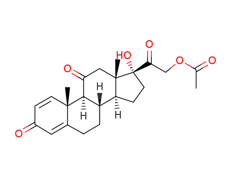 125-10-0,Prednisone 21-acetate,Pregna-1,4-diene-3,11,20-trione,17,21-dihydroxy-, 21-acetate (6CI,7CI,8CI);21-Acetoxy-17a-hydroxypregna-1,4-diene-3,11,20-trione;Cortancyl;Delcortin;Delta-Corlin;Deltalone;Ferrosan;NSC 10965;Nisone;Prednisone acetate;D1-Cortisone 21-acetate;D1-Dehydrocortisone acetate;