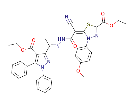 (E)-ethyl 5-(1-cyano-2-((E)-2-(1-(4-(ethoxycarbonyl)-1,5-diphenyl-1H-pyrazol-3-yl)ethylidene)-hydrazinyl)-2-oxoethylidene)-4-(4-methoxyphenyl)-4,5-dihydro-1,3,4-thiadiazole-2-carboxylate