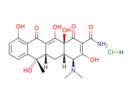 64-75-5,Tetracycline hydrochloride,Neocycline B;Paltet;Panmycin hydrochloride;Partrex;Polyotic ointment;Purocyclina;Remicyclin;Riocyclin;Robitet;Subamycin;Supramycin;Tefilin;Tet-Cy;Tetrabakat;Tetrabid;Tetrabon;Tetrachel;Tetracompren;Tetracycline hydrochloride;Tetracyn;Tetralution;Tetrosol;Triphacyclin;Unicin;Vetquamycin 324;2-Naphthacenecarboxamide,4-(dimethylamino)-1,4,4a,5,5a,6,11,12a-octahydro-3,6,10,12,12a-pentahydroxy-6-methyl-1,11-dioxo-,monohydrochloride (8CI);Achro;Achromycin hydrochloride;Ala-Tet;Ambracyn;Bristacycline;Cancycline-250;Criseociclina;Dumocyclin;Helvecyclin;Hostacycline;Medamycin;Tetracycline HCL;