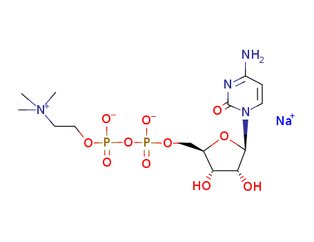 33818-15-4,Citicoline sodium,Choline,hydroxide, monoester with cytidine 5'-(trihydrogen pyrophosphate), inner salt,monosodium salt (8CI);Cytidine 5'-(trihydrogen diphosphate),P'-[2-(trimethylammonio)ethyl] ester, hydroxide, inner salt, monosodium salt;Cytidine 5'-(trihydrogen diphosphate), P'-[2-(trimethylammonio)ethyl] ester,inner salt, monosodium salt (9CI);Acticolin;Brassel;Cebroton;Cidifos;Flussorex;Gerolin;IP 302 sodium;Logan;Neurotron;Sinkron;
