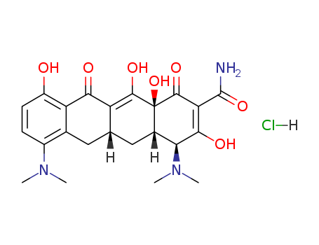 13614-98-7,Minocycline hydrochloride,2-Naphthacenecarboxamide,4,7-bis(dimethylamino)-1,4,4a,5,5a,6,11,12a-octahydro-3,10,12,12a-tetrahydroxy-1,11-dioxo-,monohydrochloride (8CI);2-Naphthacenecarboxamide,4,7-bis(dimethylamino)-1,4,4a,5,5a,6,11,12a-octahydro-3,10,12,12a-tetrahydroxy-1,11-dioxo-,monohydrochloride, (4S,4aS,5aR,12aS)- (9CI);2-Naphthacenecarboxamide,4,7-bis(dimethylamino)-1,4,4a,5,5a,6,11,12a-octahydro-3,10,12,12a-tetrahydroxy-1,11-dioxo-,monohydrochloride, [4S-(4a,4aa,5aa,12aa)]-;Acnez;Klinomycin;Minocin;Minocyclinehydrochloride;Minomycin;NSC 141993;Periocline;Vectrin;Minocycline HCL;2-Naphthacenecarboxamide,4,7-bis(dimethylamino)-1,4,4a,5,5a,6,11,12a-octahydro-3,10,12,12a-tetrahydroxy-1,11-dioxo-,hydrochloride (1:1), (4S,4aS,5aR,12aS)-;