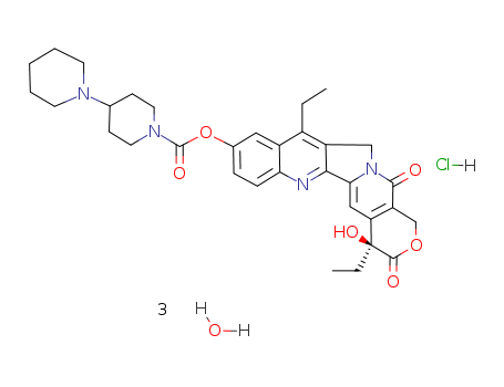 136572-09-3,Irinotecan hydrochloride trihydrate,[1,4'-Bipiperidine]-1'-carboxylicacid,(4S)-4,11-diethyl-3,4,12,14-tetrahydro-4-hydroxy-3,14-dioxo-1H-pyrano[3',4':6,7]indolizino[1,2-b]quinolin-9-ylester, monohydrochloride, trihydrate (9CI);[1,4'-Bipiperidine]-1'-carboxylicacid,4,11-diethyl-3,4,12,14-tetrahydro-4-hydroxy-3,14-dioxo-1H-pyrano[3',4':6,7]indolizino[1,2-b]quinolin-9-ylester, monohydrochloride, trihydrate, (S)-;Irinotecan hydrochloridehydrate;