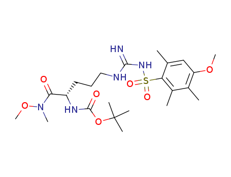 Molecular Structure of 142801-55-6 (Carbamic acid,
[(1S)-4-[[imino[[(4-methoxy-2,3,6-trimethylphenyl)sulfonyl]amino]methyl]
amino]-1-[(methoxymethylamino)carbonyl]butyl]-, 1,1-dimethylethyl ester)